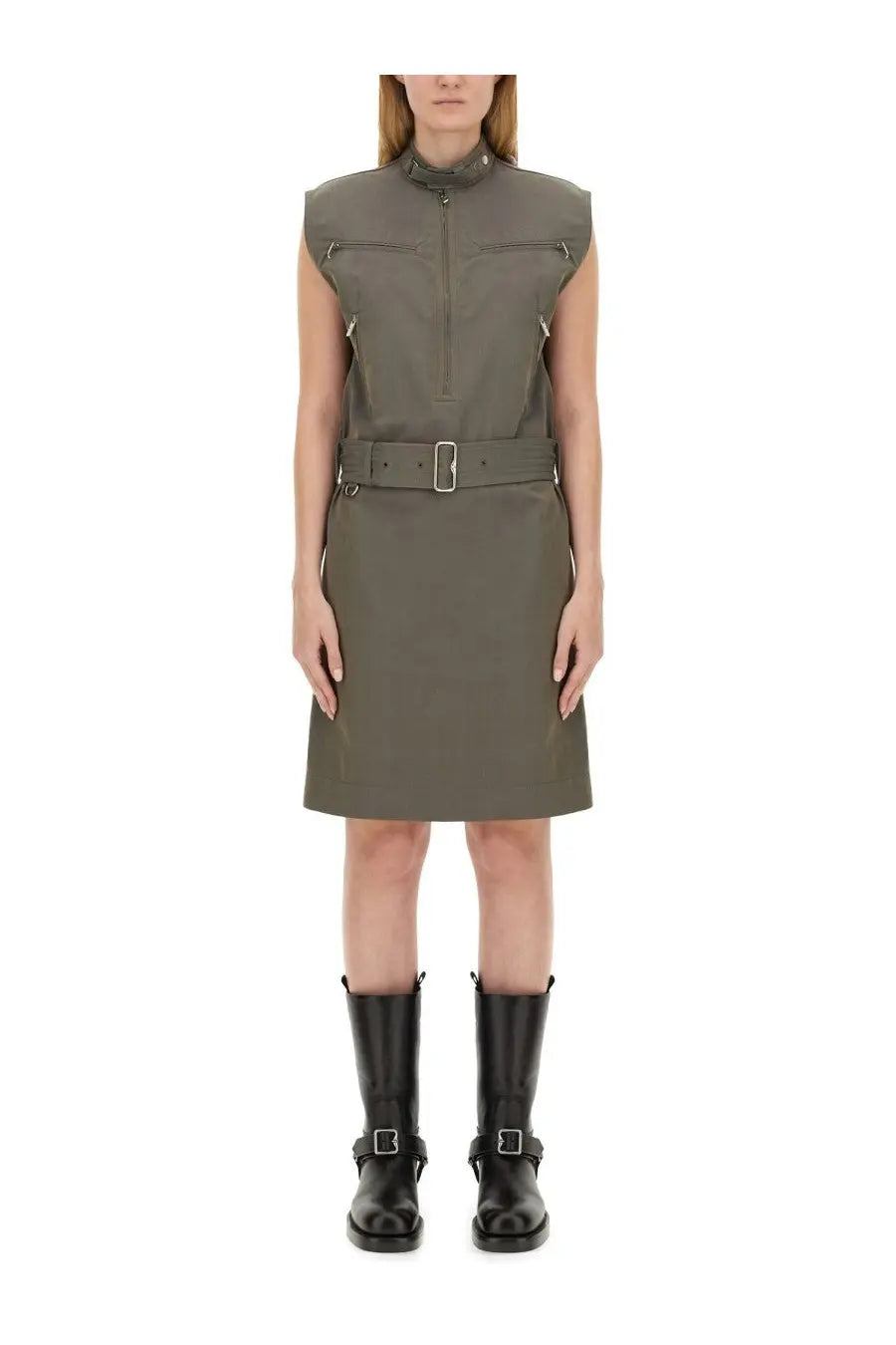 Olive green sleeveless utility dress with zippered pockets and belted waist in burberry womens linen dress grey