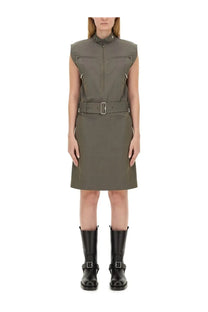 Olive green sleeveless utility dress with zippered pockets and belted waist in burberry womens linen dress grey