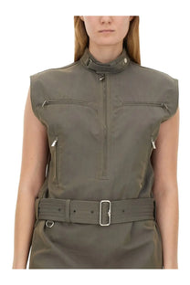 Burberry women’s olive green linen sleeveless utility dress with multiple zippered pockets and silver buckle belt