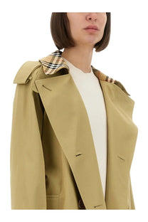 Burberry women long Castleford trench coat beige with classic check-patterned collar in smooth water-resistant fabric