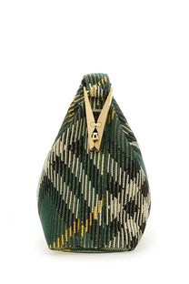 Burberry women’s mini peg bag green woven clutch with green black and gold pattern and distinctive golden zipper pull