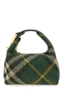 Burberry women’s mini peg bag green woven green and gold plaid handbag with structured hobo style silhouette