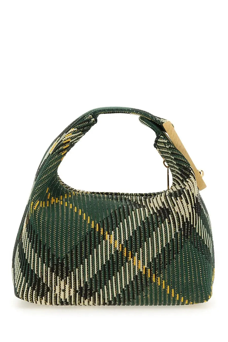 Burberry women’s mini peg bag green woven plaid hobo bag with black and yellow accents and wooden clasp