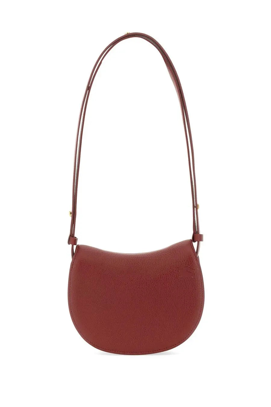 Burberry women’s mini rocking horse shoulder bag in rust-colored sleek leather with a minimalist design and adjustable strap