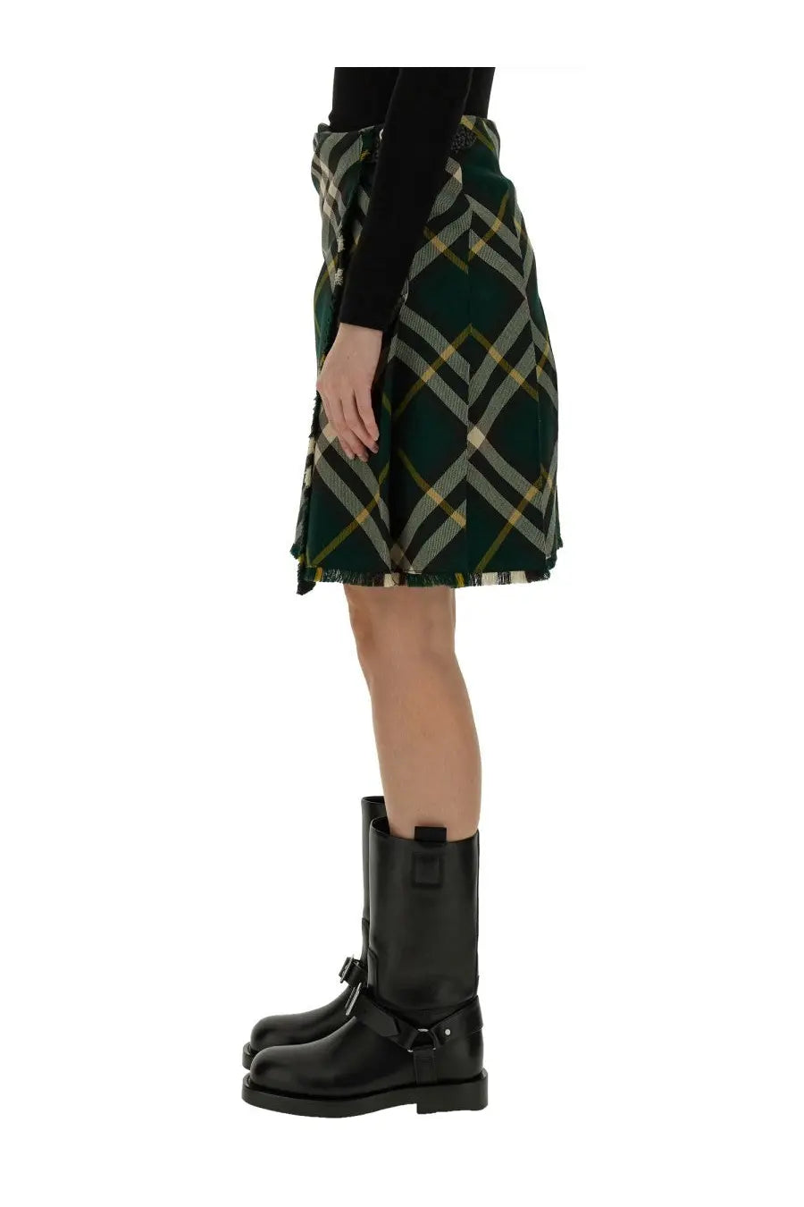 Burberry women’s mini skirt in dark green black and cream plaid wool with a frayed hem