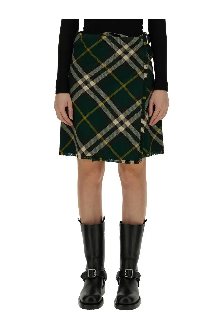 Burberry women’s mini wrap skirt in dark green black and cream plaid with frayed hem perfect for casual wear