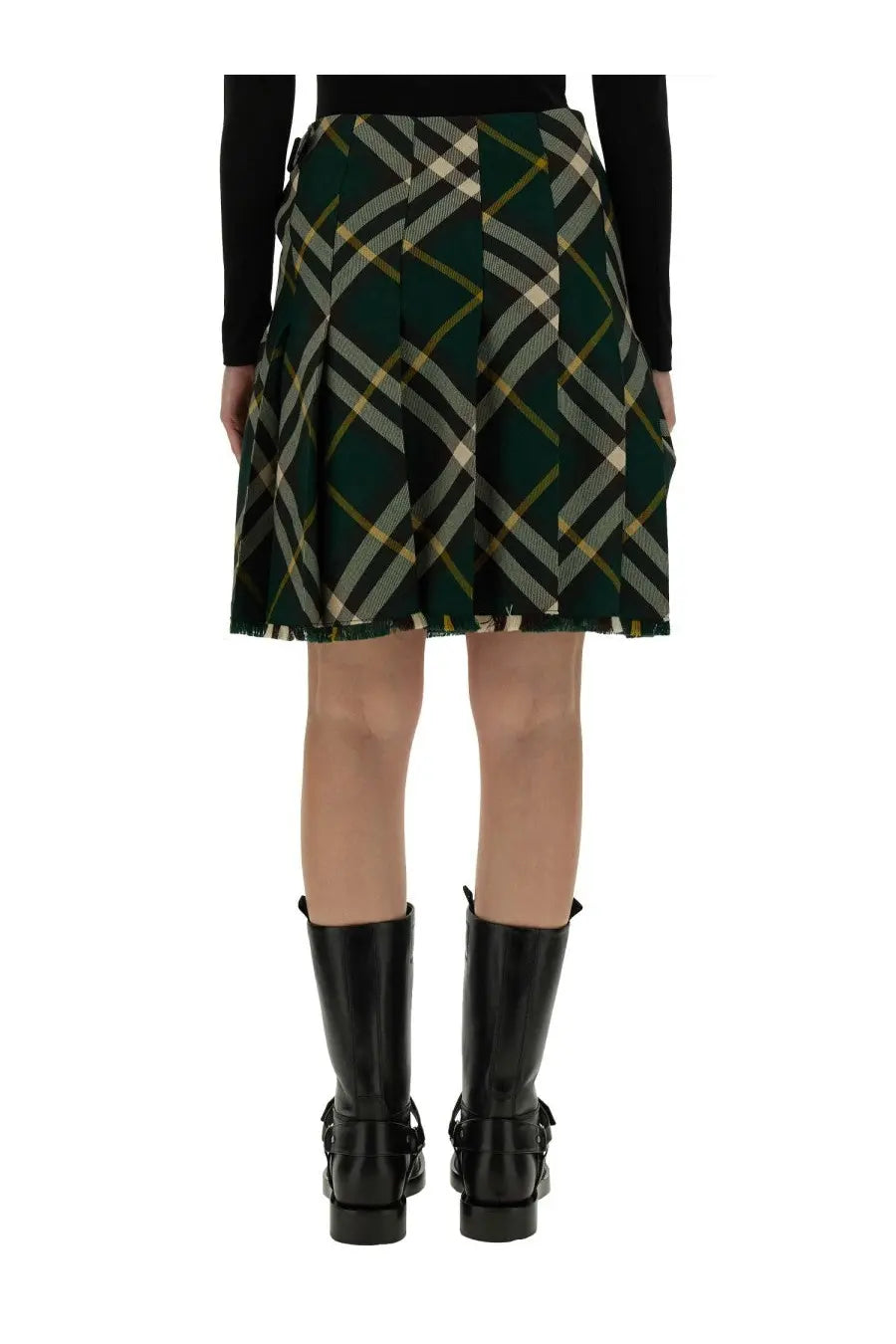 Burberry women’s mini skirt dark green plaid pleated with white and mustard yellow stripes classic tailored design