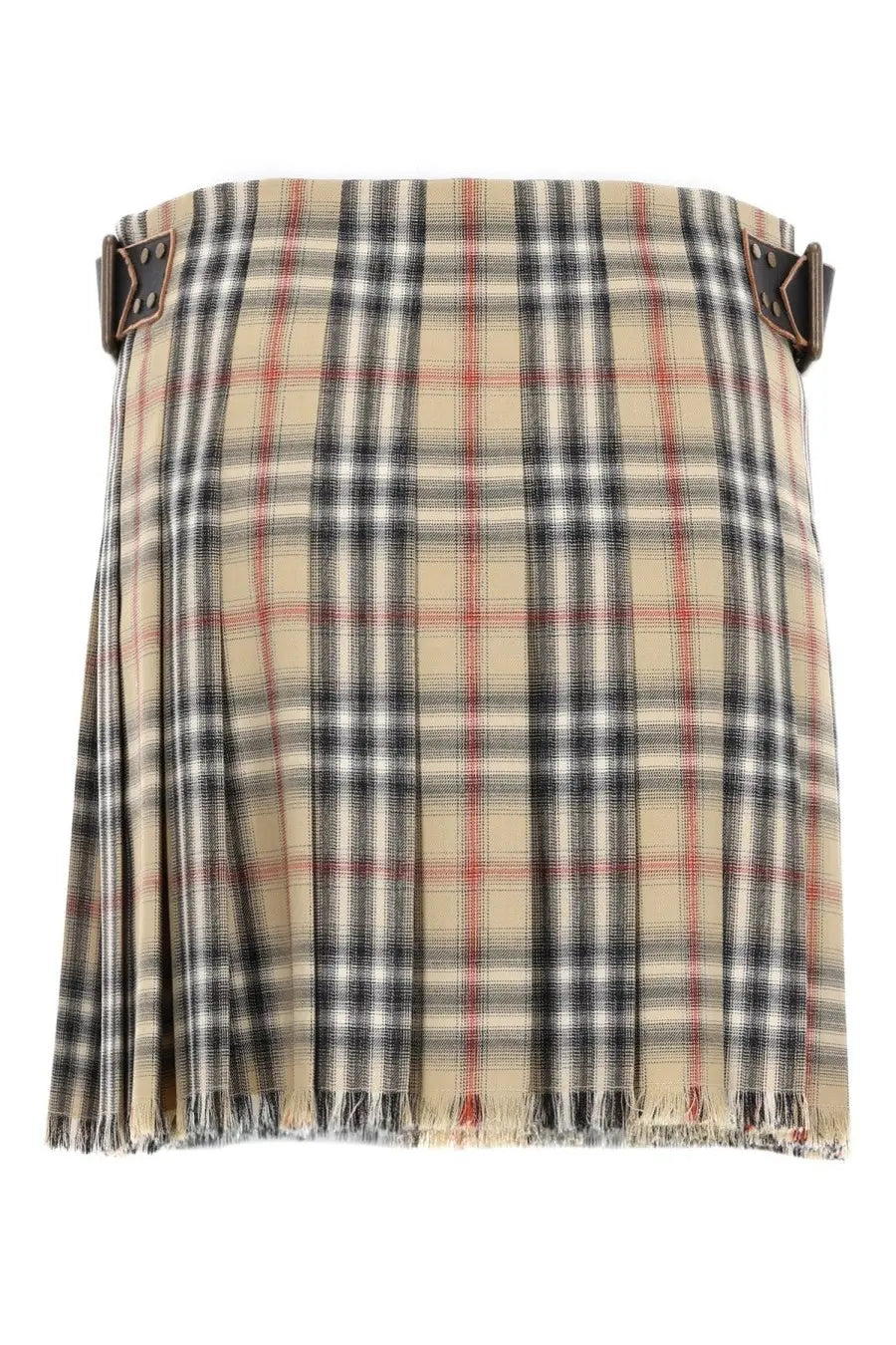 Burberry women’s miniskirt kilt in lana check multicolor beige black and red plaid with pleats and leather belt loops