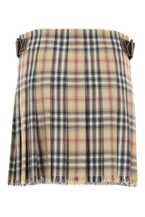 Burberry women’s miniskirt kilt in lana check multicolor beige black and red plaid with pleats and leather belt loops