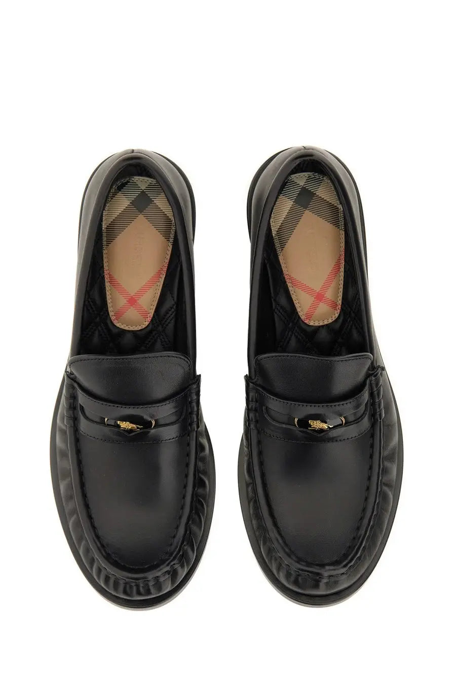 Burberry women’s moccasin cadet black patent leather loafers with gold-tone horsebit buckle and signature check lining