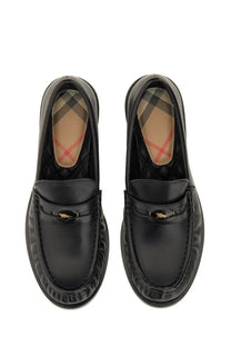 Burberry women’s moccasin cadet black patent leather loafers with gold-tone horsebit buckle and signature check lining