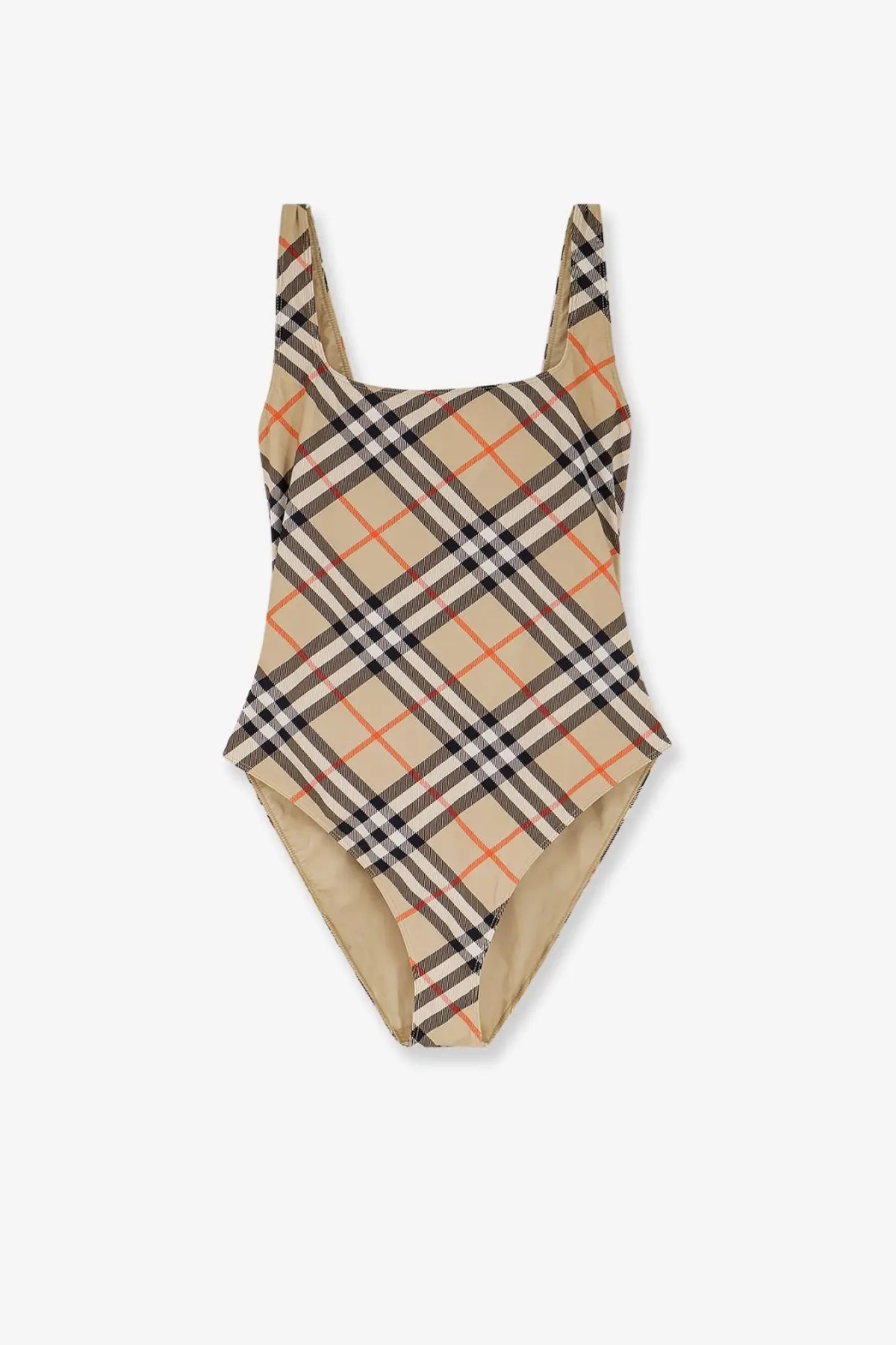 Beige and black plaid nylon one piece swimsuit with orange accents featuring classic check pattern by Burberry women