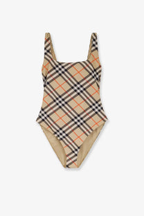 Beige and black plaid nylon one piece swimsuit with orange accents featuring classic check pattern by Burberry women