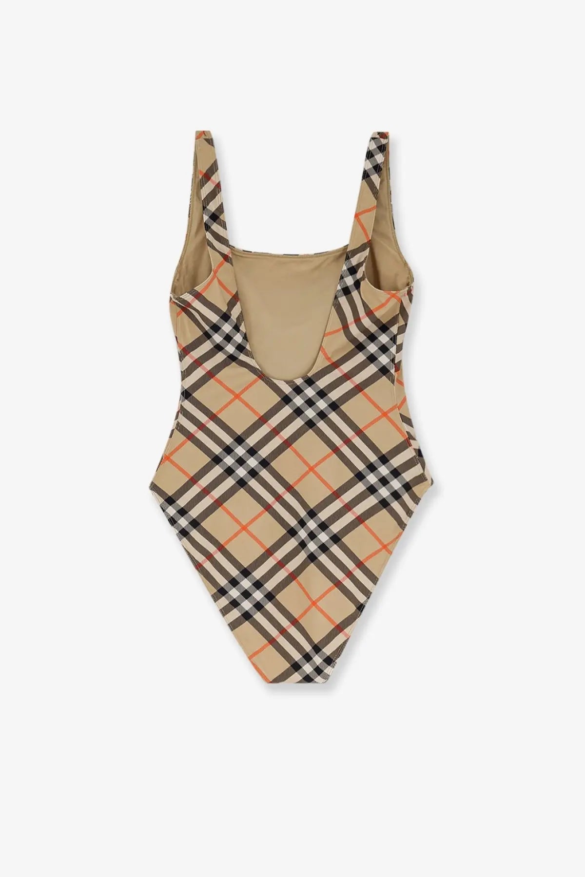Burberry women’s nylon one piece swimsuit in beige black plaid with orange accents square neckline and thin straps