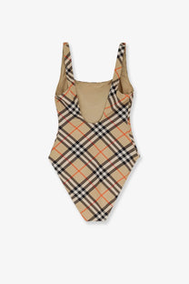 Burberry women’s nylon one piece swimsuit in beige black plaid with orange accents square neckline and thin straps