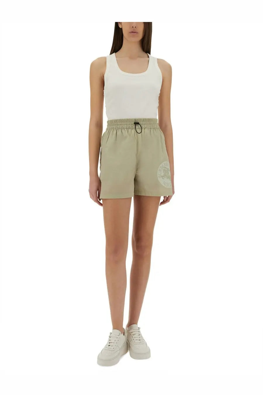 Burberry women’s beige nylon shorts with elastic waist and subtle circular logo on the left leg