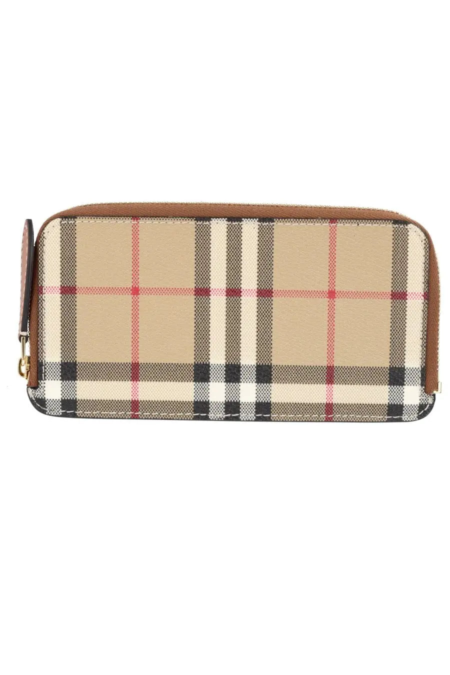 Burberry women’s Portacarte check beige wallet with beige black red plaid and brown leather trim front view