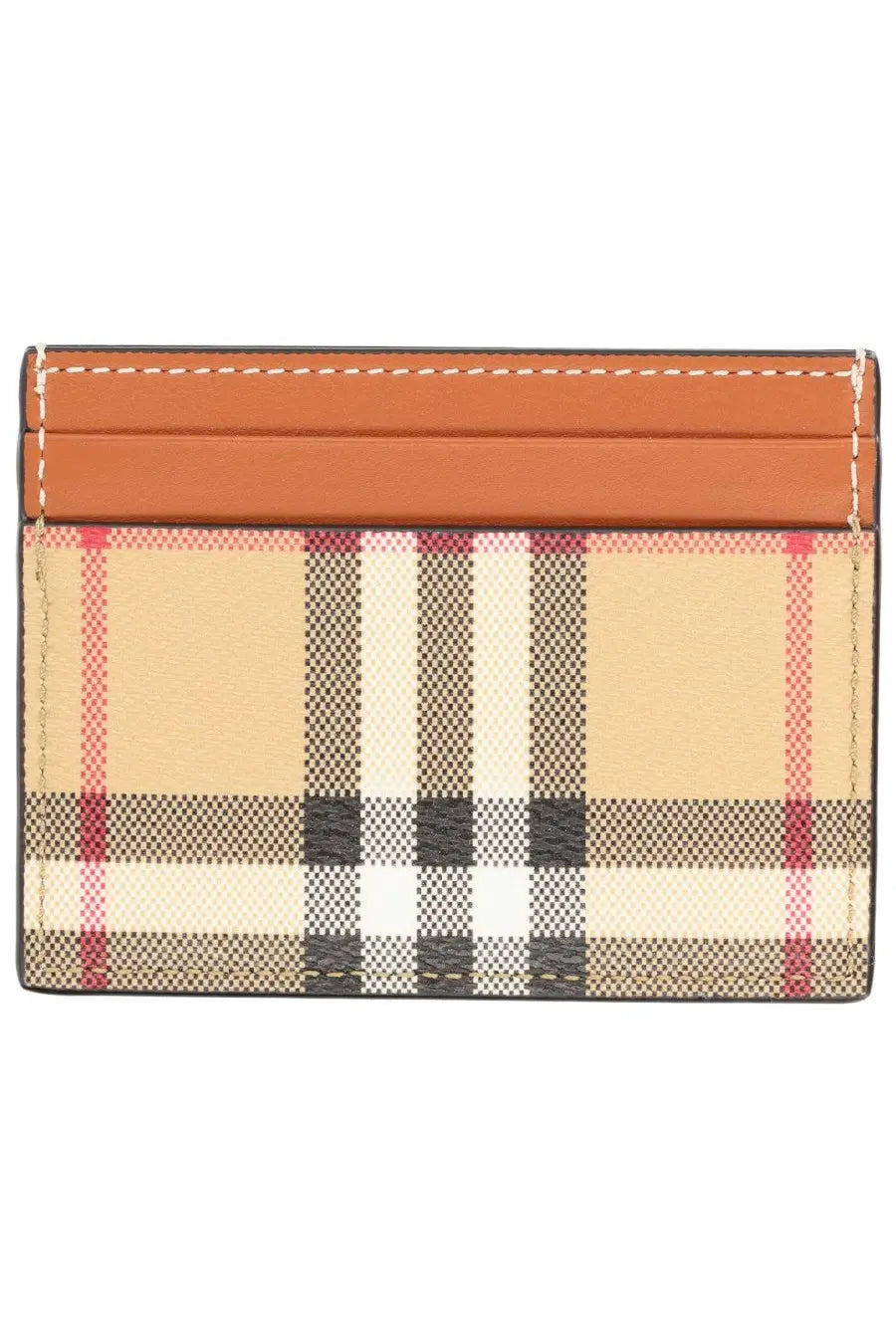 Burberry women’s portacarte check beige card holder in beige red black check with tan leather top strip