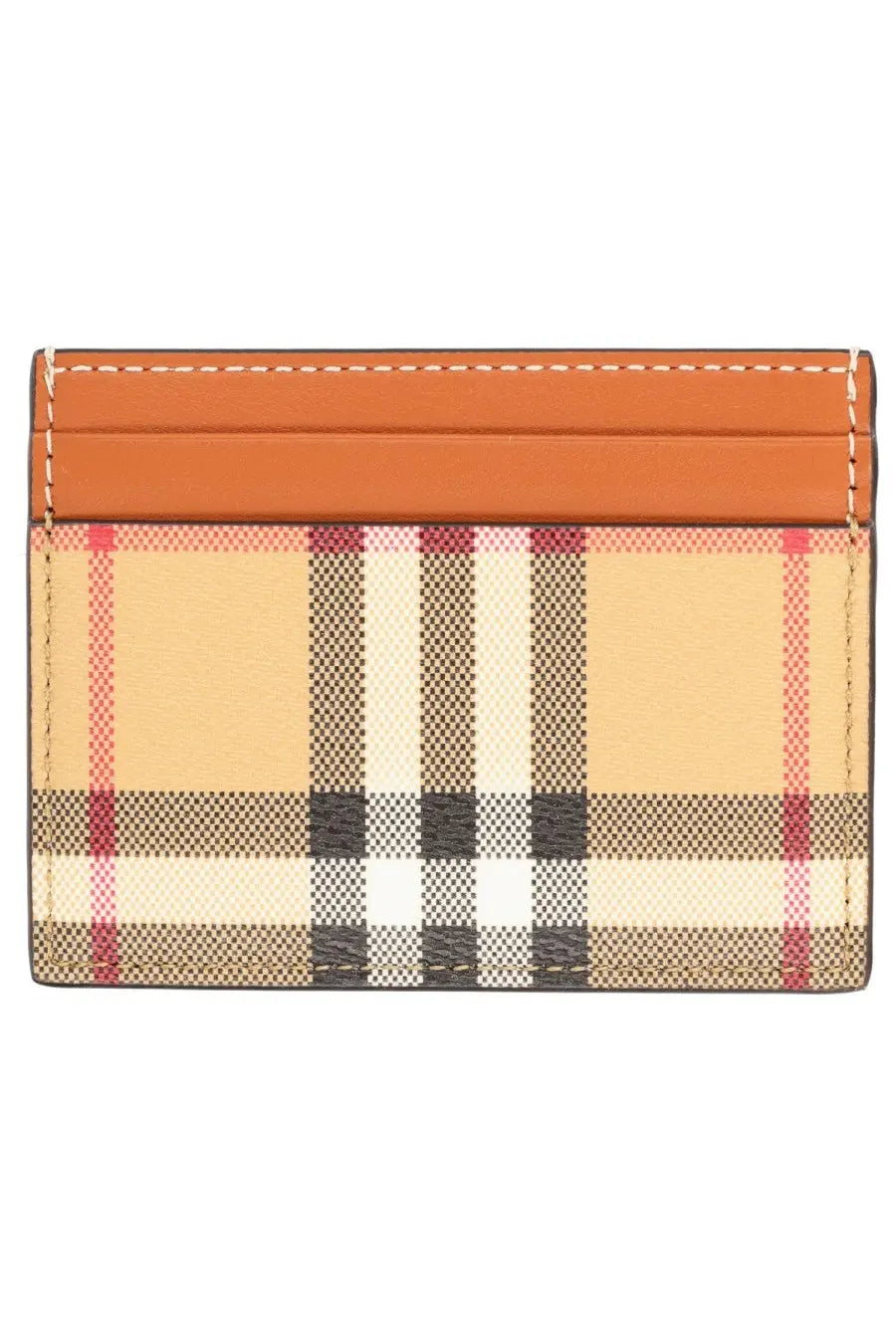 Burberry women’s portacarte check beige card holder in beige red and black check with tan leather trim