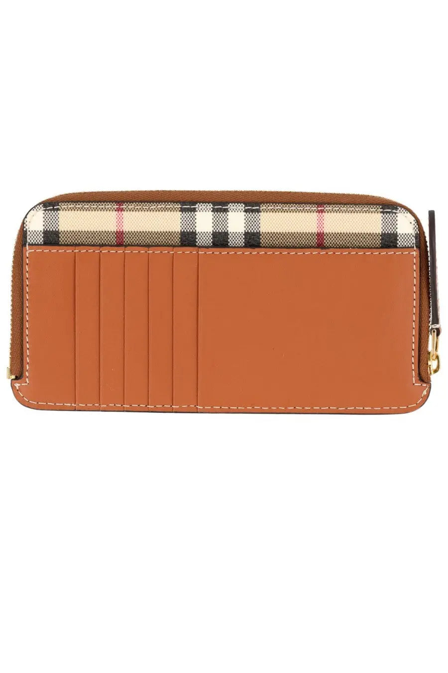 Burberry women’s portacarte check beige tan leather wallet with beige black and red checkered pattern top edge