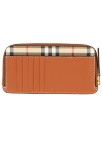 Burberry women’s portacarte check beige tan leather wallet with beige black and red checkered pattern top edge