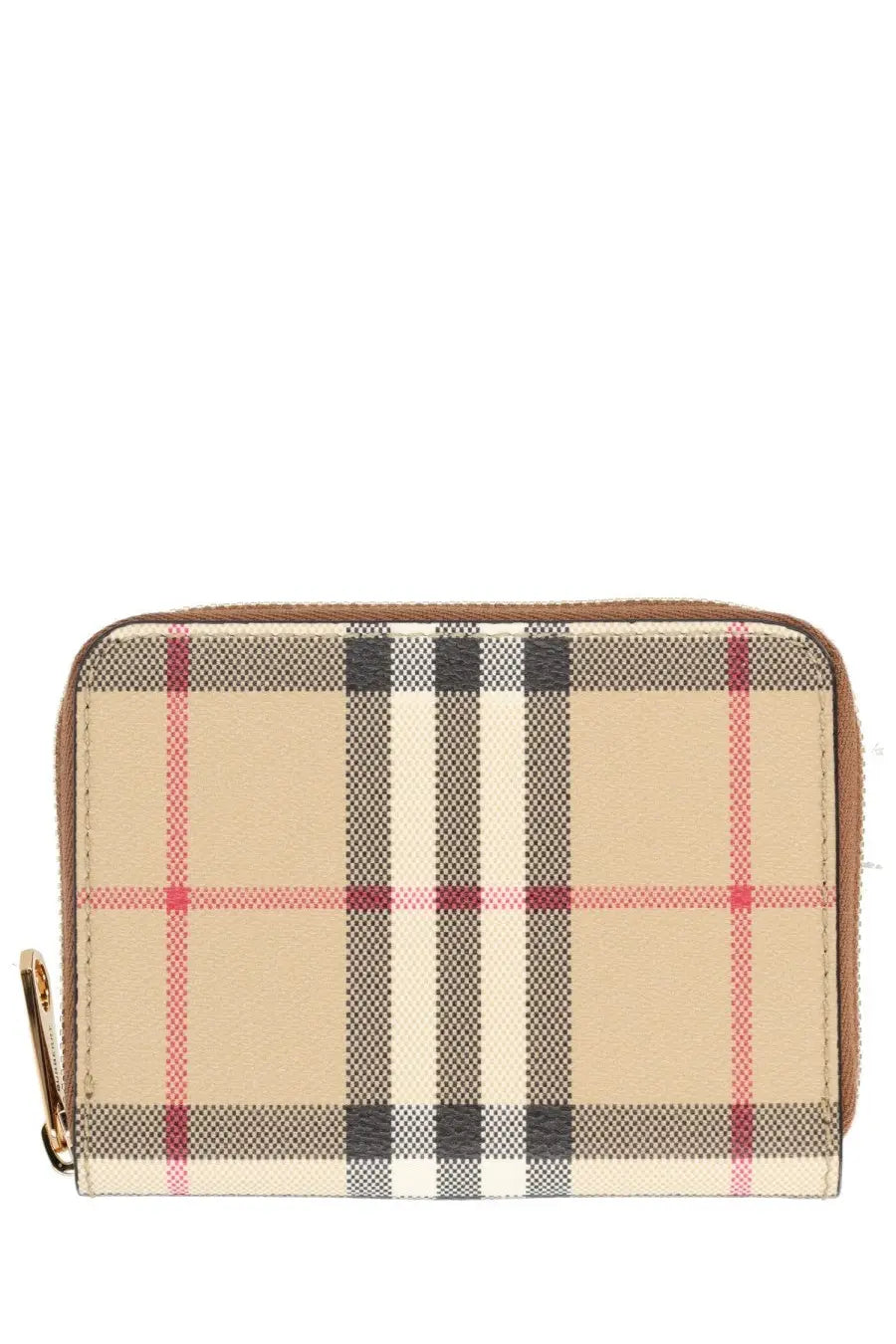 Beige black and red plaid Burberry women’s portafoglio check wallet with brown leather trim and gold-tone zipper pull