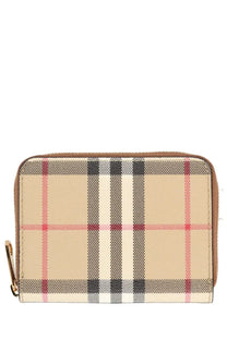 Beige black and red plaid Burberry women’s portafoglio check wallet with brown leather trim and gold-tone zipper pull
