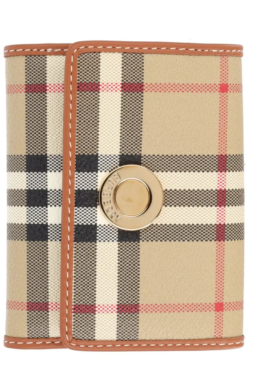 Burberry women’s portafoglio check beige trifold wallet with beige black red white check fabric tan leather trim and gold clasp