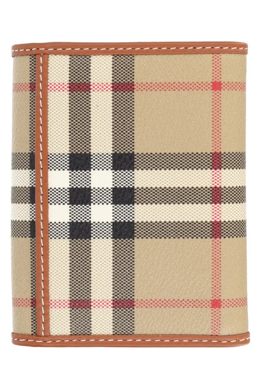 Burberry women’s portafoglio check beige wallet with beige black white and red checkered fabric and tan leather trim