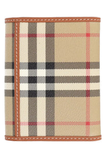 Burberry women’s portafoglio check beige wallet with beige black white and red checkered fabric and tan leather trim