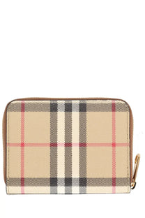Beige and red plaid Burberry women’s portafoglio check zippered wallet with tan leather trim and durable design