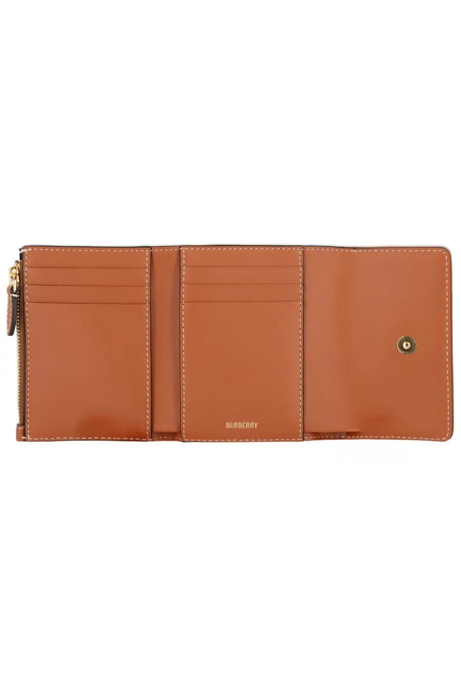 Burberry women’s portafoglio check beige tan leather wallet with gold-tone hardware and stitched card slots