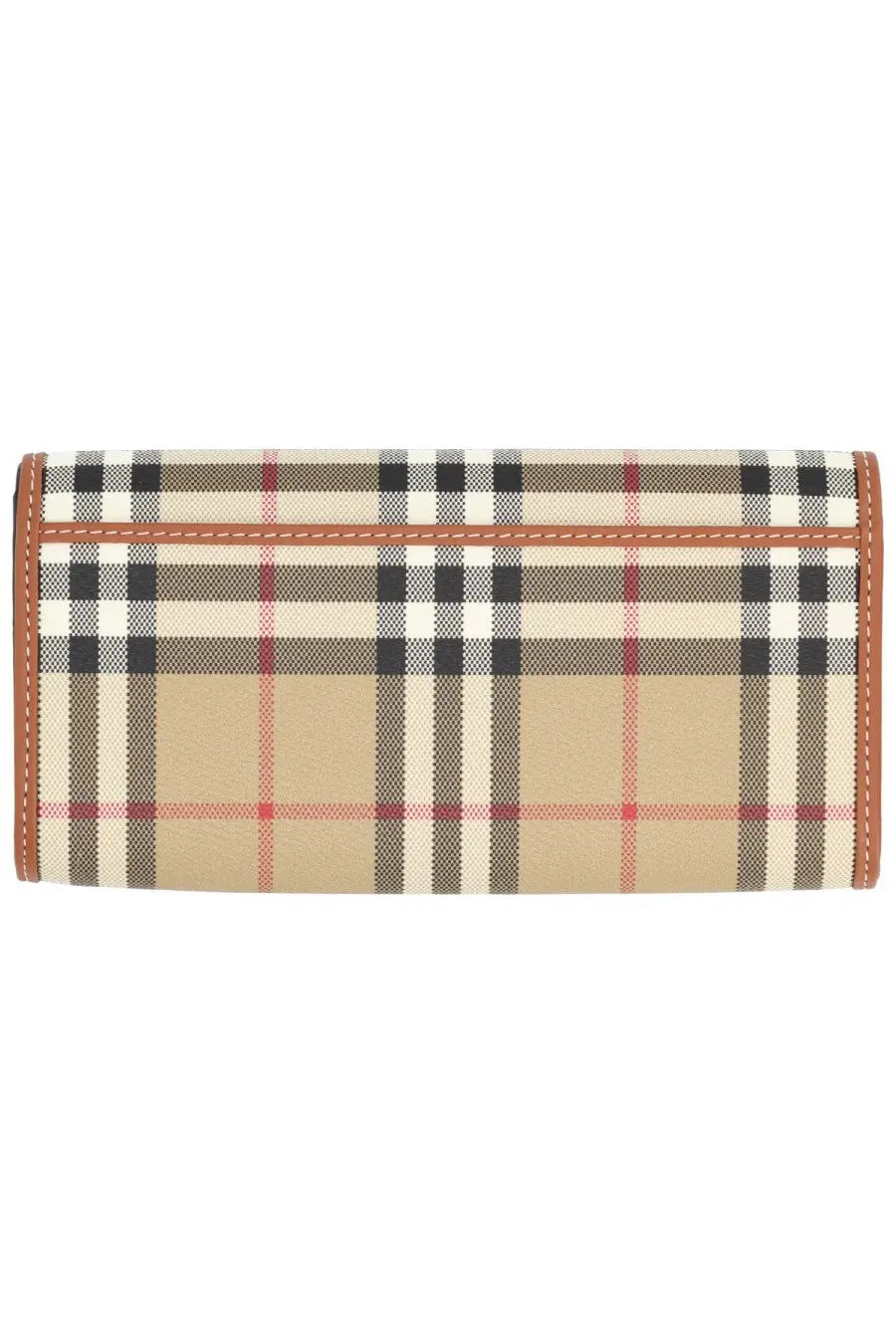 Burberry women’s portafoglio continental check beige wallet featuring beige black white and red plaid with tan leather trim