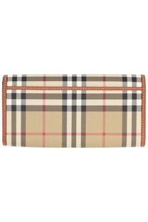 Burberry women’s portafoglio continental check beige wallet featuring beige black white and red plaid with tan leather trim