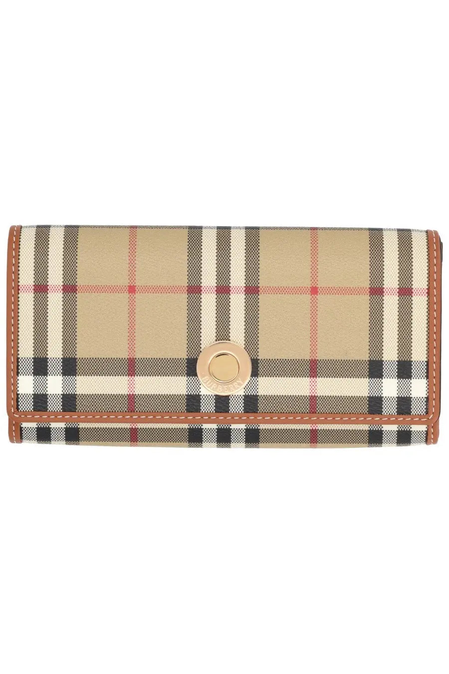 Burberry women’s portafoglio continental check beige wallet with plaid pattern, tan leather trim, and gold button closure