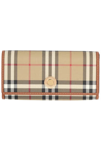Burberry women’s portafoglio continental check beige wallet with plaid pattern, tan leather trim, and gold button closure