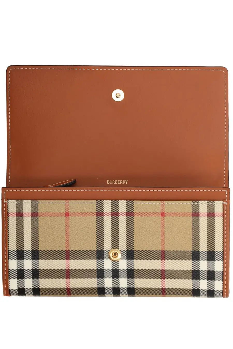 Burberry women’s portafoglio continental check beige wallet with brown leather trim and multicolor checkered pattern