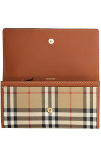 Burberry women’s portafoglio continental check beige wallet with brown leather trim and multicolor checkered pattern