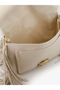 Beige leather burberry women’s rider crossbody handbag with gold-tone hardware and fringe detailing