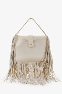 Beige leather fringe burberry women’s rider handbag soap with single top handle and decorative metal clasp