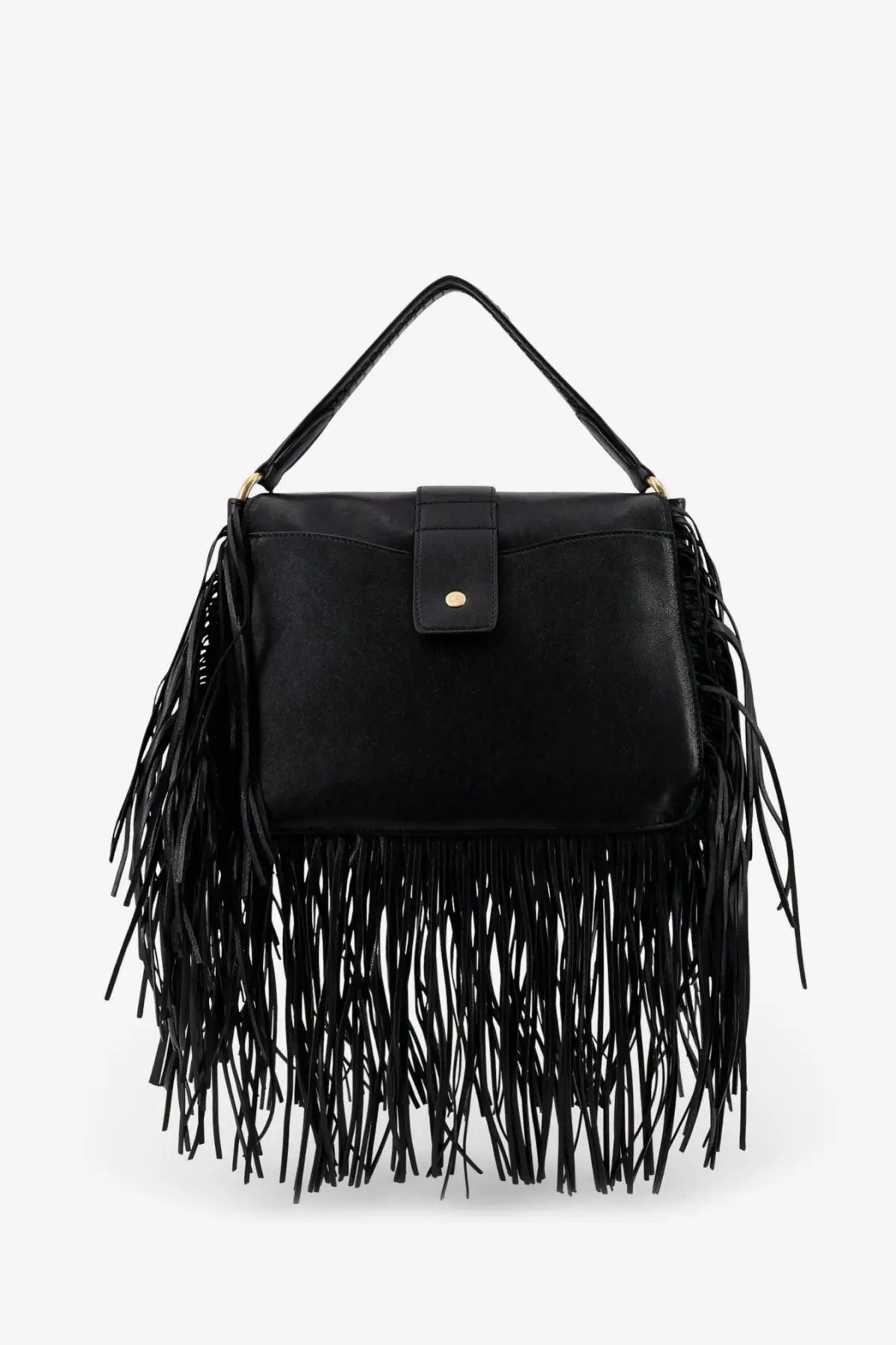 Burberry women’s rider black leather fringe handbag with top handle and gold-tone hardware