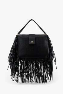 Burberry women’s rider black leather fringe handbag with top handle and gold-tone hardware
