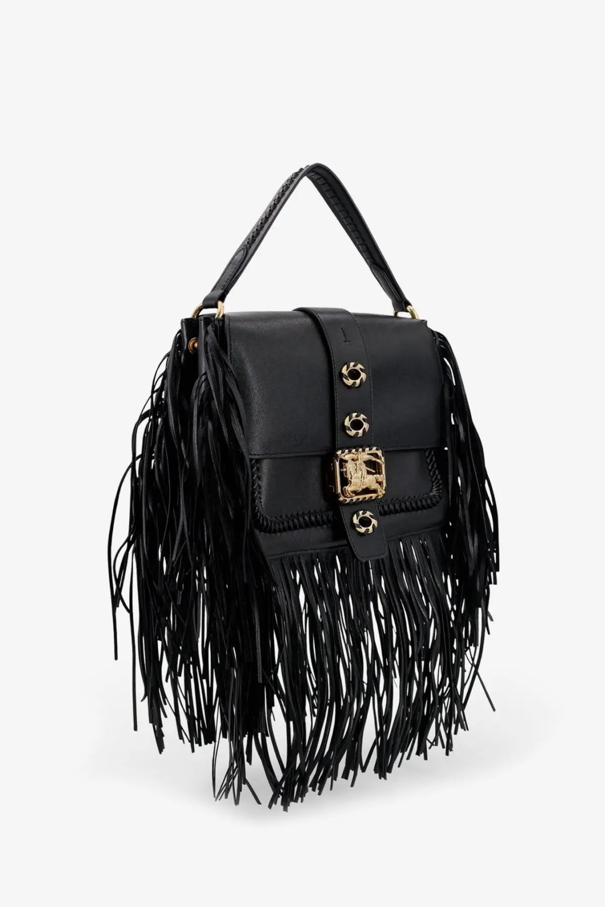 Burberry women’s rider black leather shoulder bag with gold-tone hardware and distinctive logo clasp