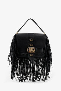 Burberry women’s rider black leather shoulder bag with fringe and gold-tone metal clasp and hardware
