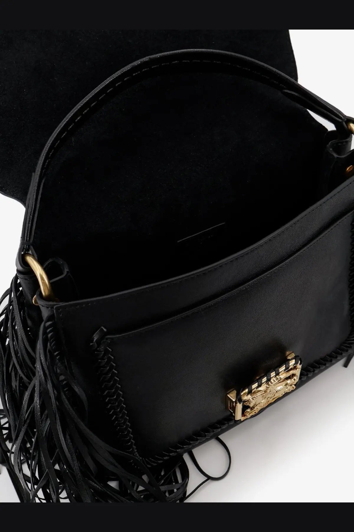 Burberry women’s rider leather shoulder bag black with gold-tone hardware braided detailing and fringe design