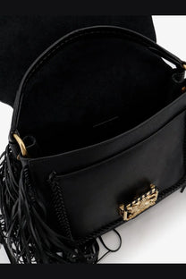 Burberry women’s rider leather shoulder bag black with gold-tone hardware braided detailing and fringe design