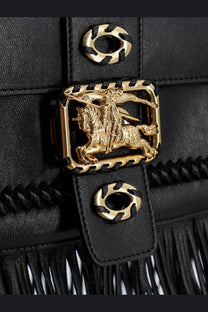 Burberry women’s rider leather shoulder bag black with gold-tone buckle featuring horse and rider emblem