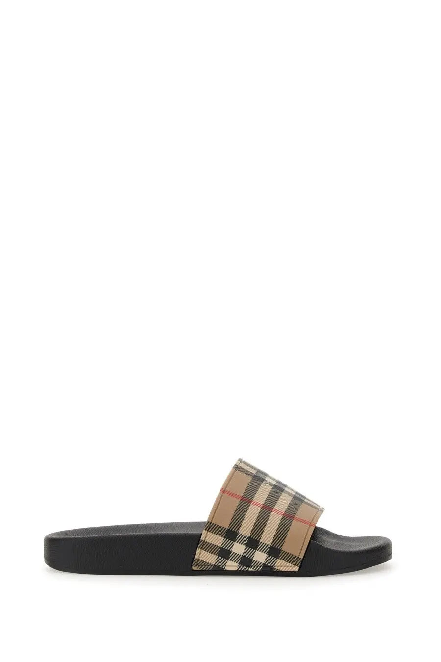 Burberry women’s black rubber slide sandal with beige black and red checkered fabric strap featuring iconic Burberry pattern