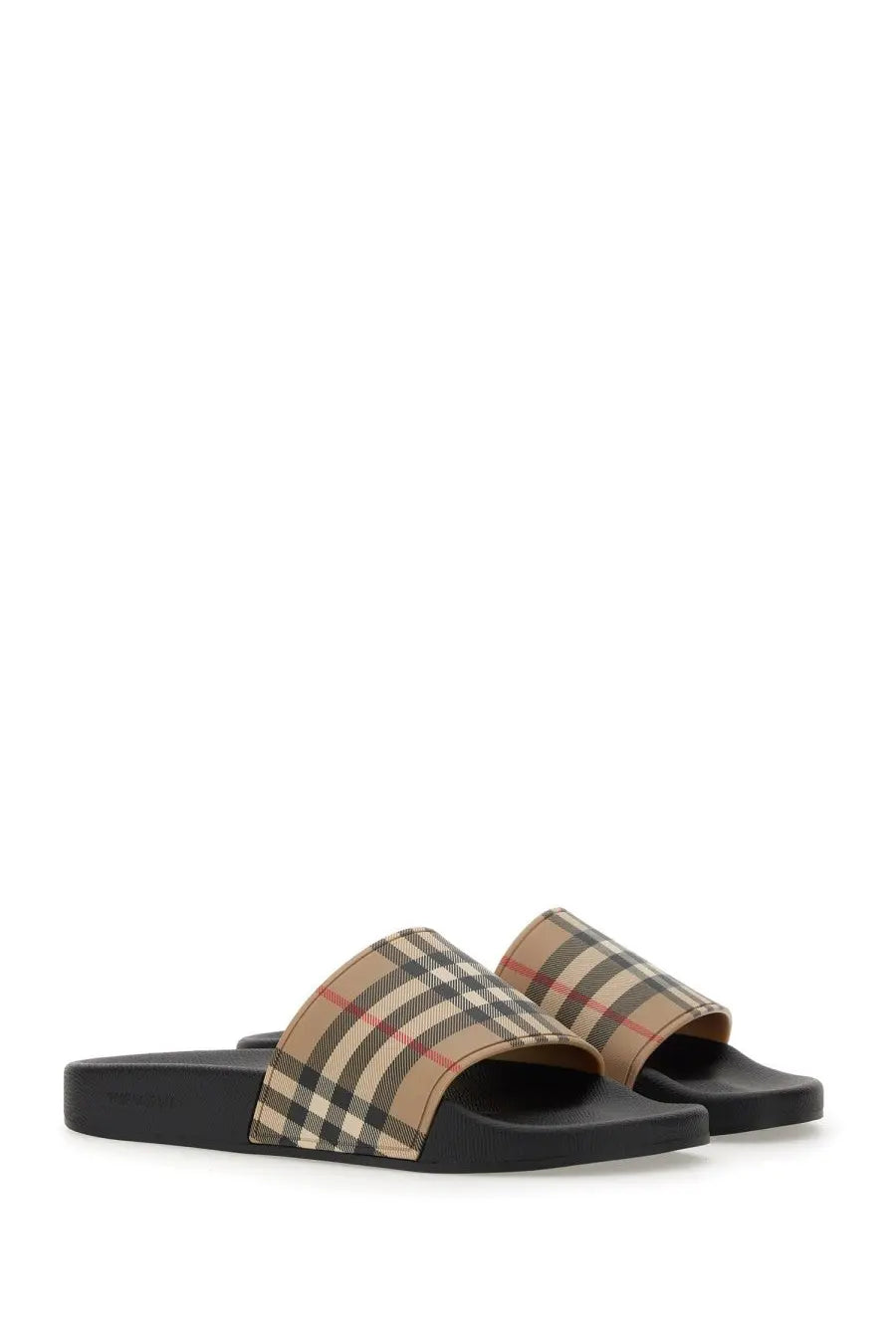 Burberry women’s black slide sandals with beige brown and red checkered fabric strap featuring classic Burberry pattern