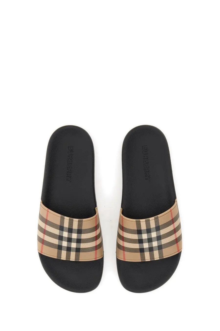 Burberry women’s black slide sandals with beige black and red checkered fabric strap for casual wear